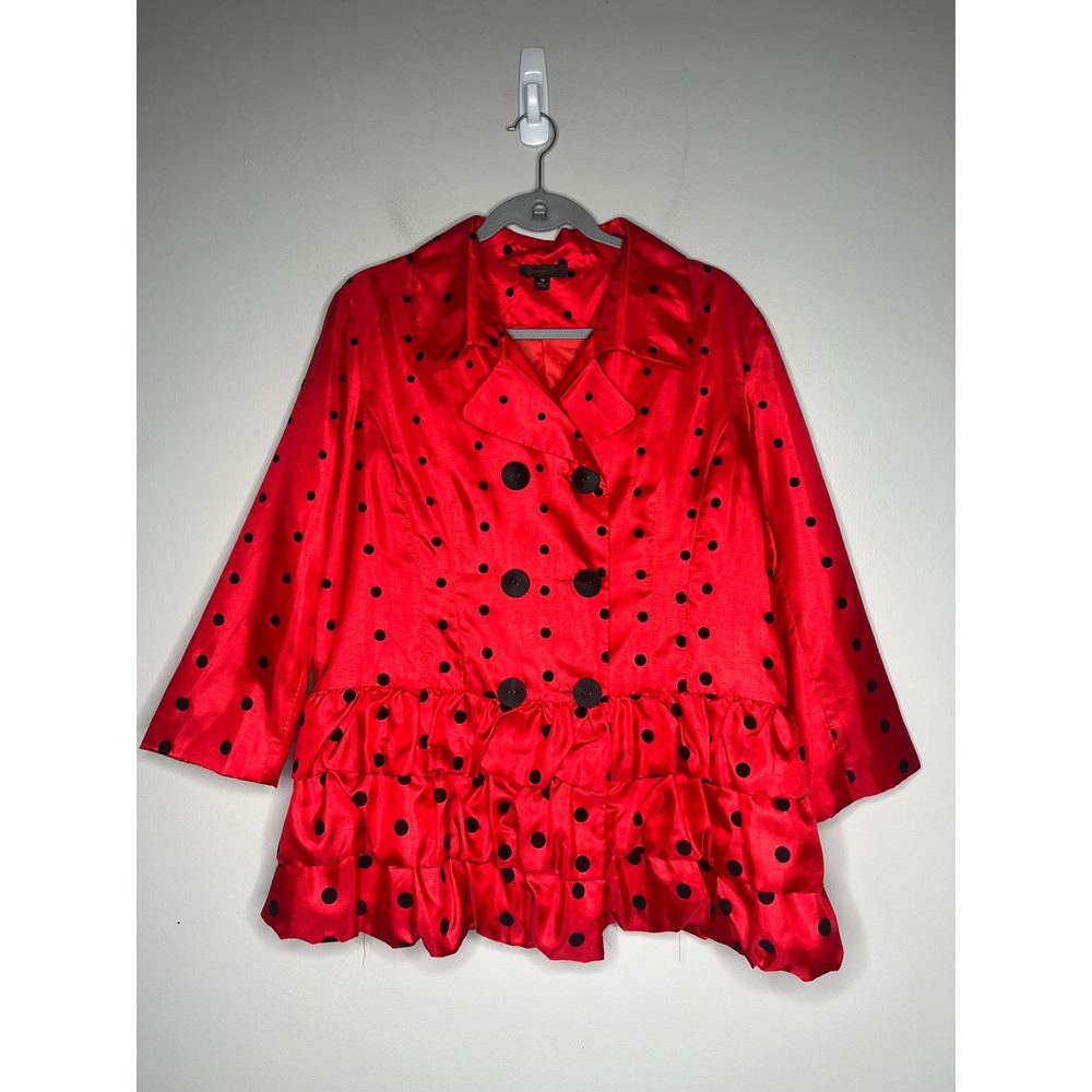 Jenny T Red Polka Dot Satin Swing Coat Ruffle Hem Retro Pinup Rockabilly 1X